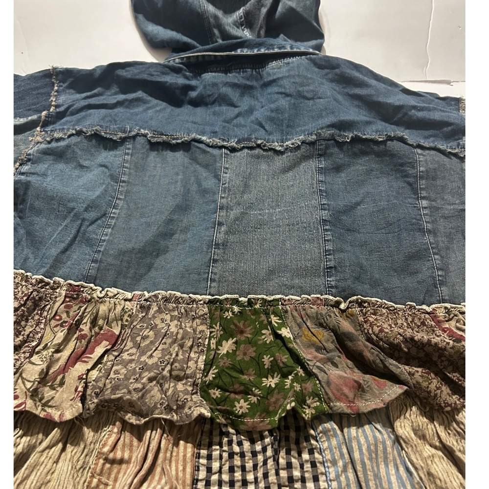 Young Threads Denim Patchwork Hooded Tunic Top Blue Floral Ruffle Mixed Media L - Picture 8 of 8